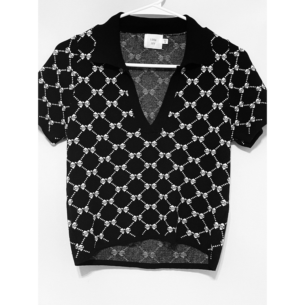 Luna Ivy Black White Bow Trellis Knit Polo Top V-Neck Short Sleeve Preppy Size M